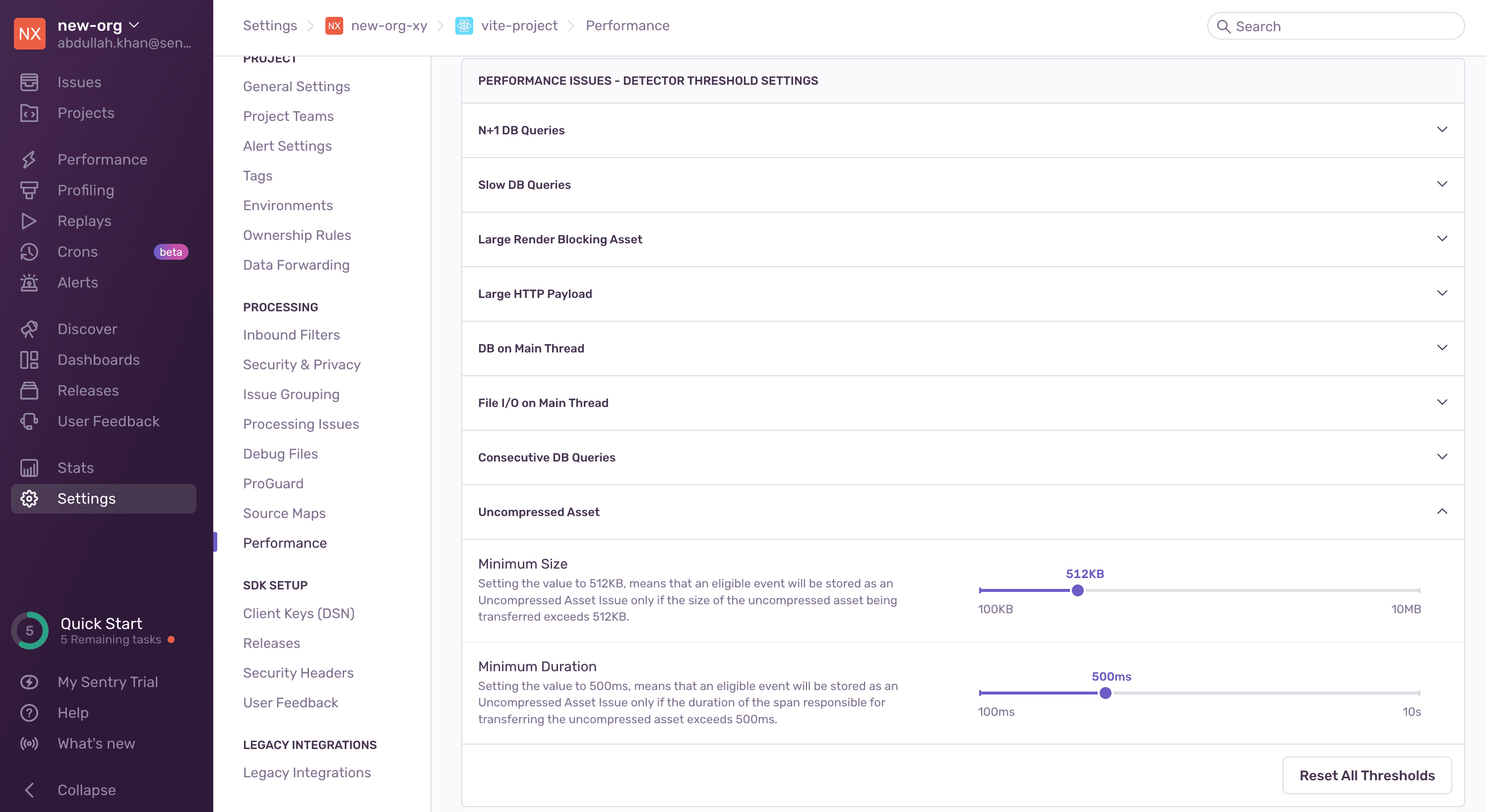 Uncompressed Asset detector threshold settings